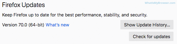 Screenshot of the Firefox Updates section on the Options page